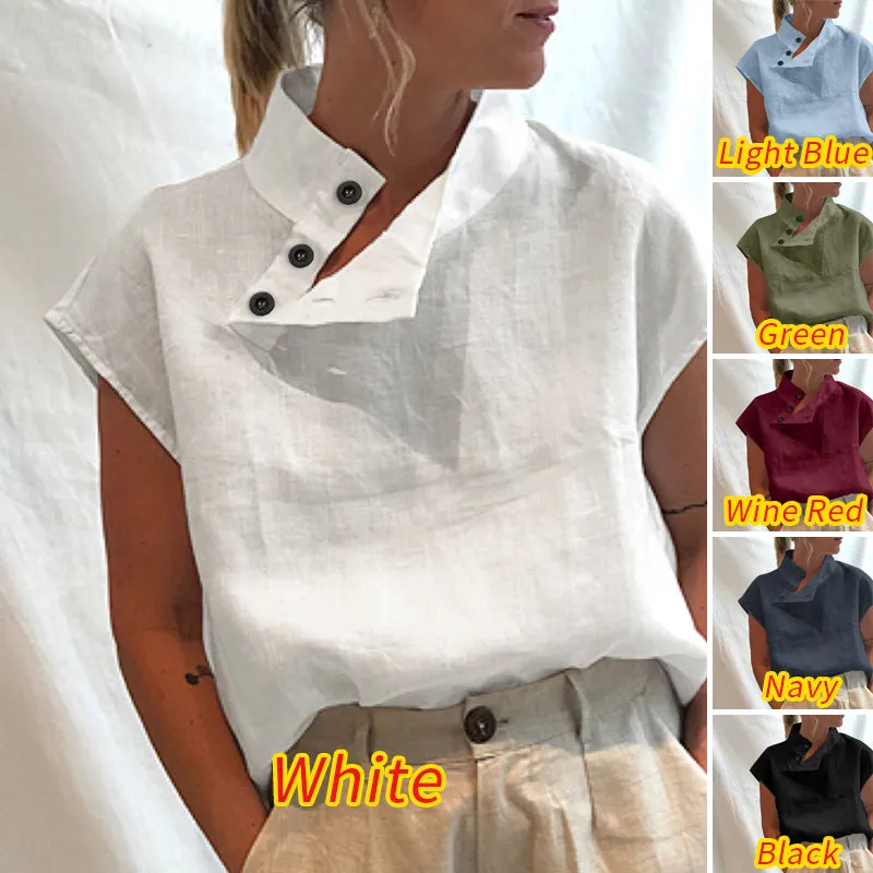 BerryBetty - New Stylish Tunic Tops Plus Size Women Short Sleeve Summer Blouses Buttons Solid Cotton Linen Tops Casual Loose Blusas Femme