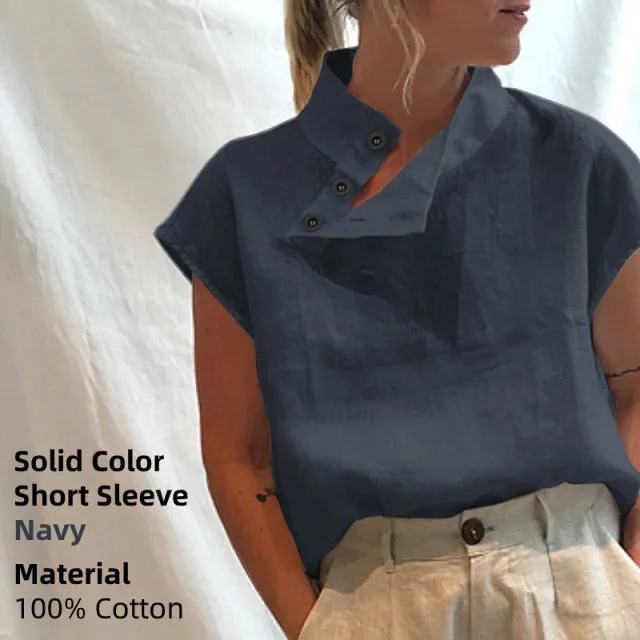 BerryBetty - New Stylish Tunic Tops Plus Size Women Short Sleeve Summer Blouses Buttons Solid Cotton Linen Tops Casual Loose Blusas Femme