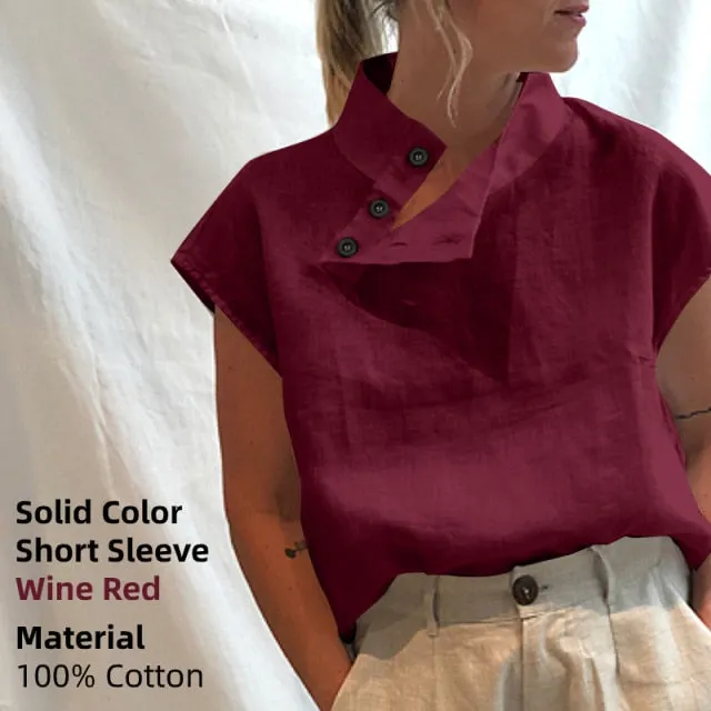 BerryBetty - New Stylish Tunic Tops Plus Size Women Short Sleeve Summer Blouses Buttons Solid Cotton Linen Tops Casual Loose Blusas Femme