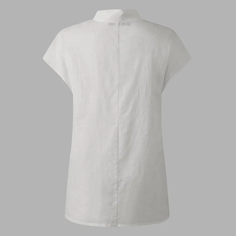 BerryBetty - New Stylish Tunic Tops Plus Size Women Short Sleeve Summer Blouses Buttons Solid Cotton Linen Tops Casual Loose Blusas Femme