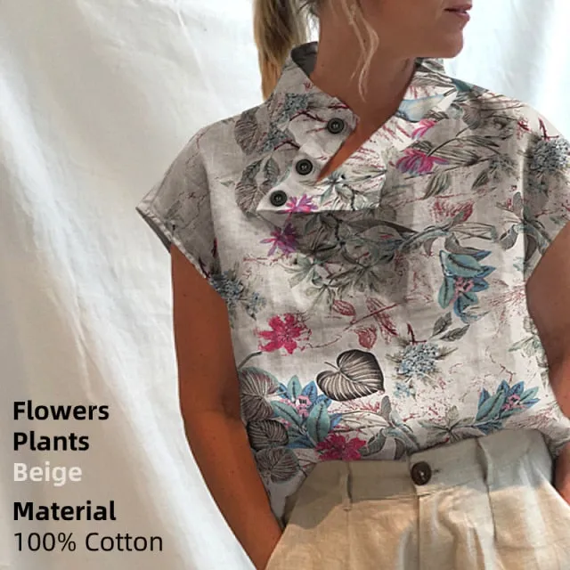 BerryBetty - New Stylish Tunic Tops Plus Size Women Short Sleeve Summer Blouses Buttons Solid Cotton Linen Tops Casual Loose Blusas Femme