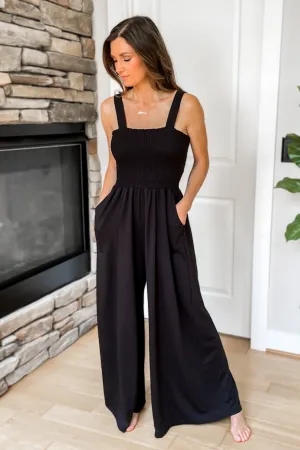 Best Life Smocked Wide Leg Black Jumpsuit