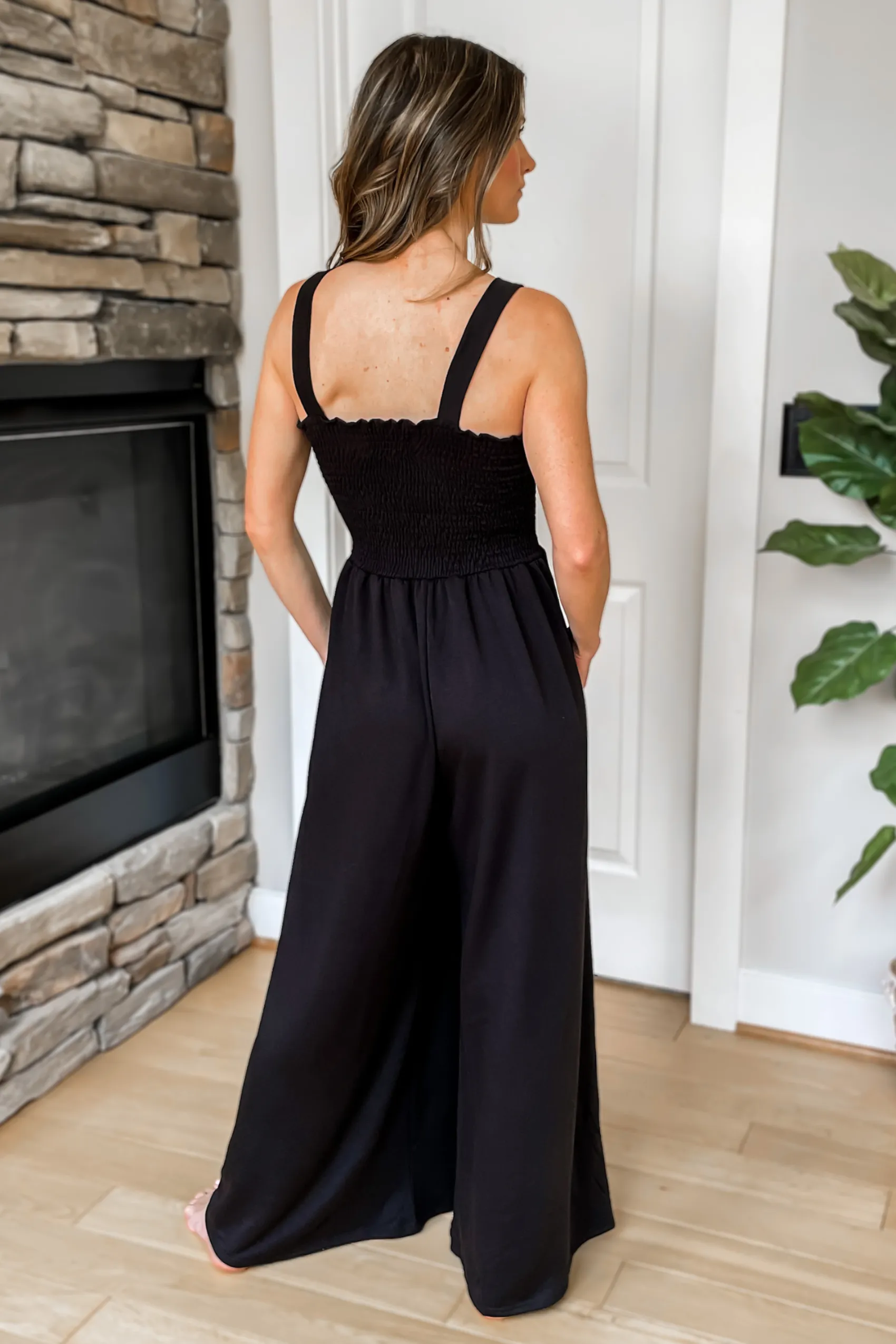 Best Life Smocked Wide Leg Black Jumpsuit