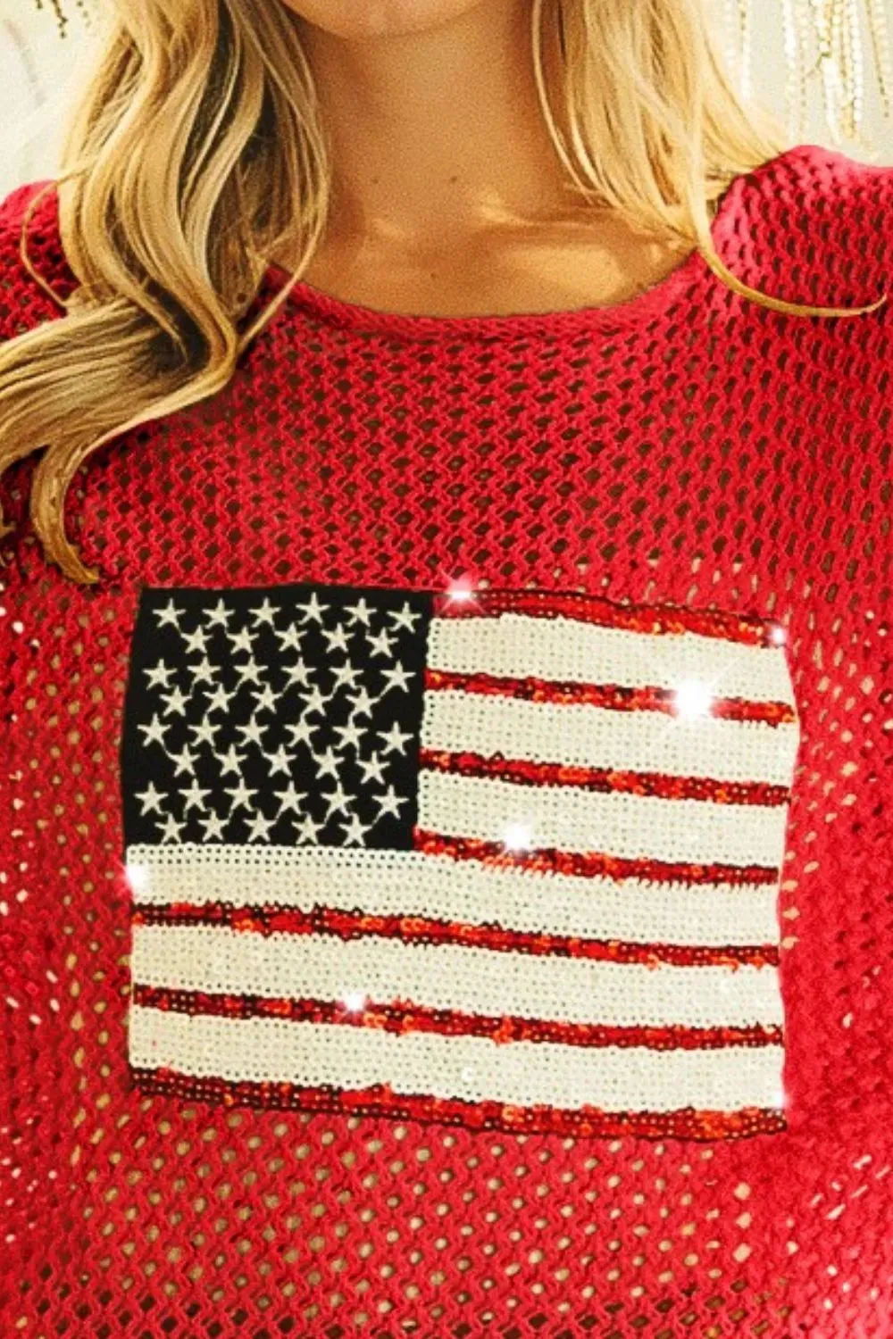 BiBi Sequin American Flag Patch Open Knit Cover Up