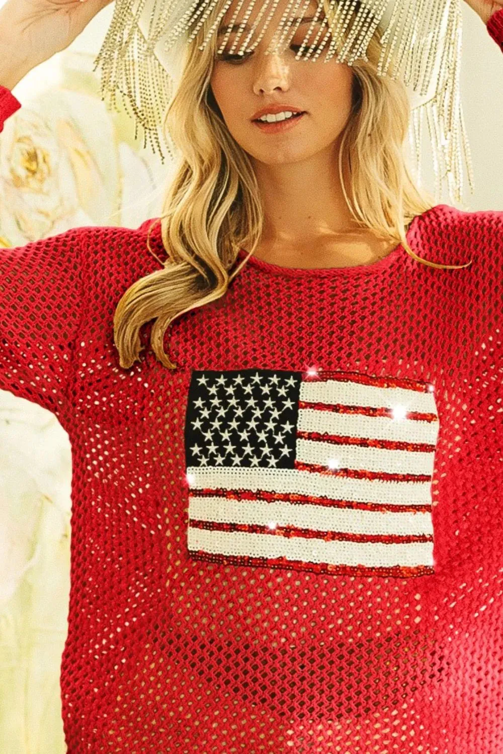 BiBi Sequin American Flag Patch Open Knit Cover Up