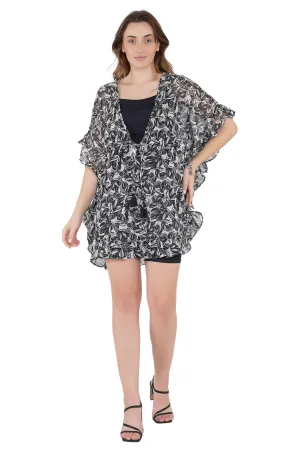 Black & White Floral Print Kaftan Swim Cover-Up Beach Dress