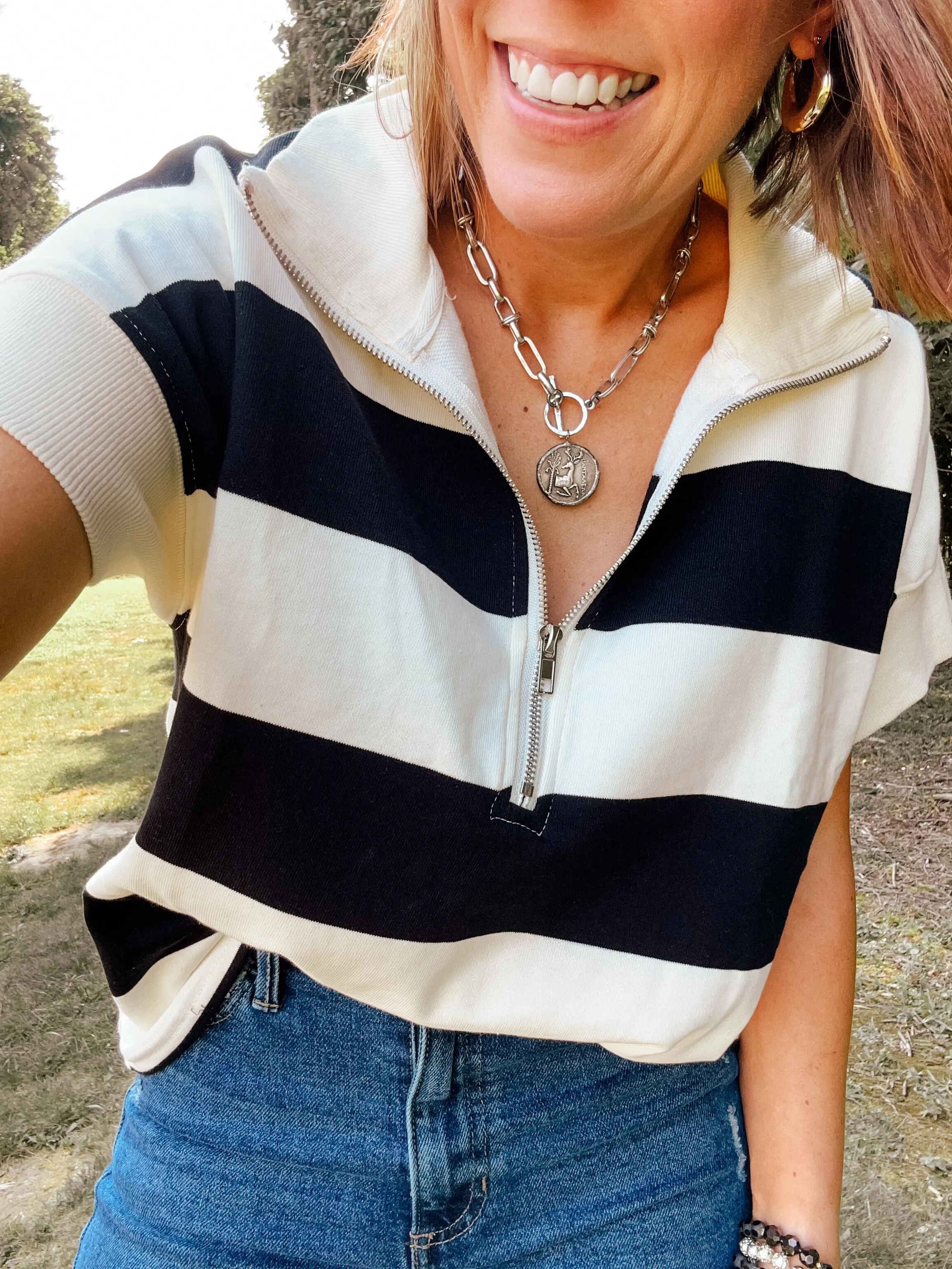 Black Block Stripe Half Zip Sweater Vest