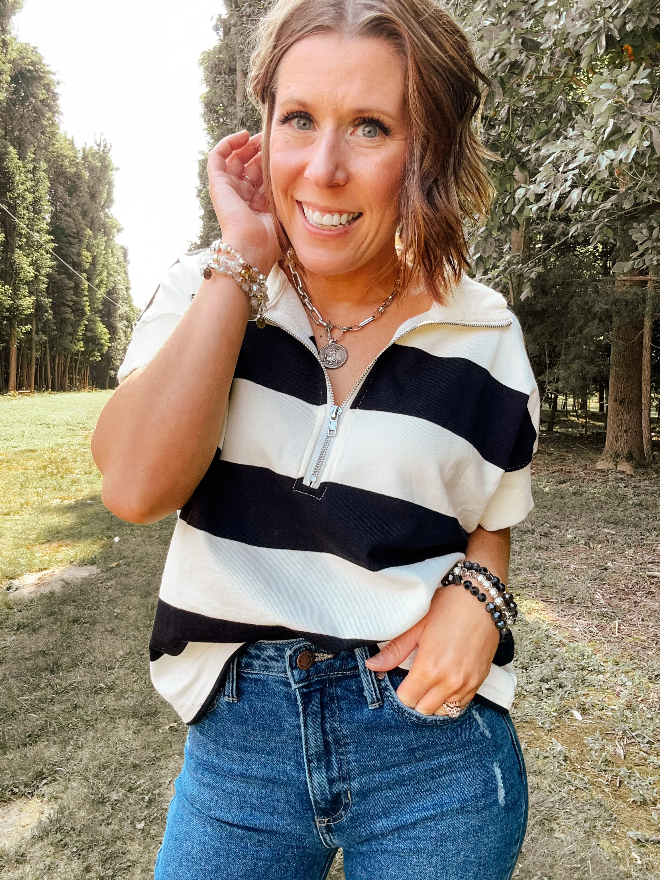Black Block Stripe Half Zip Sweater Vest