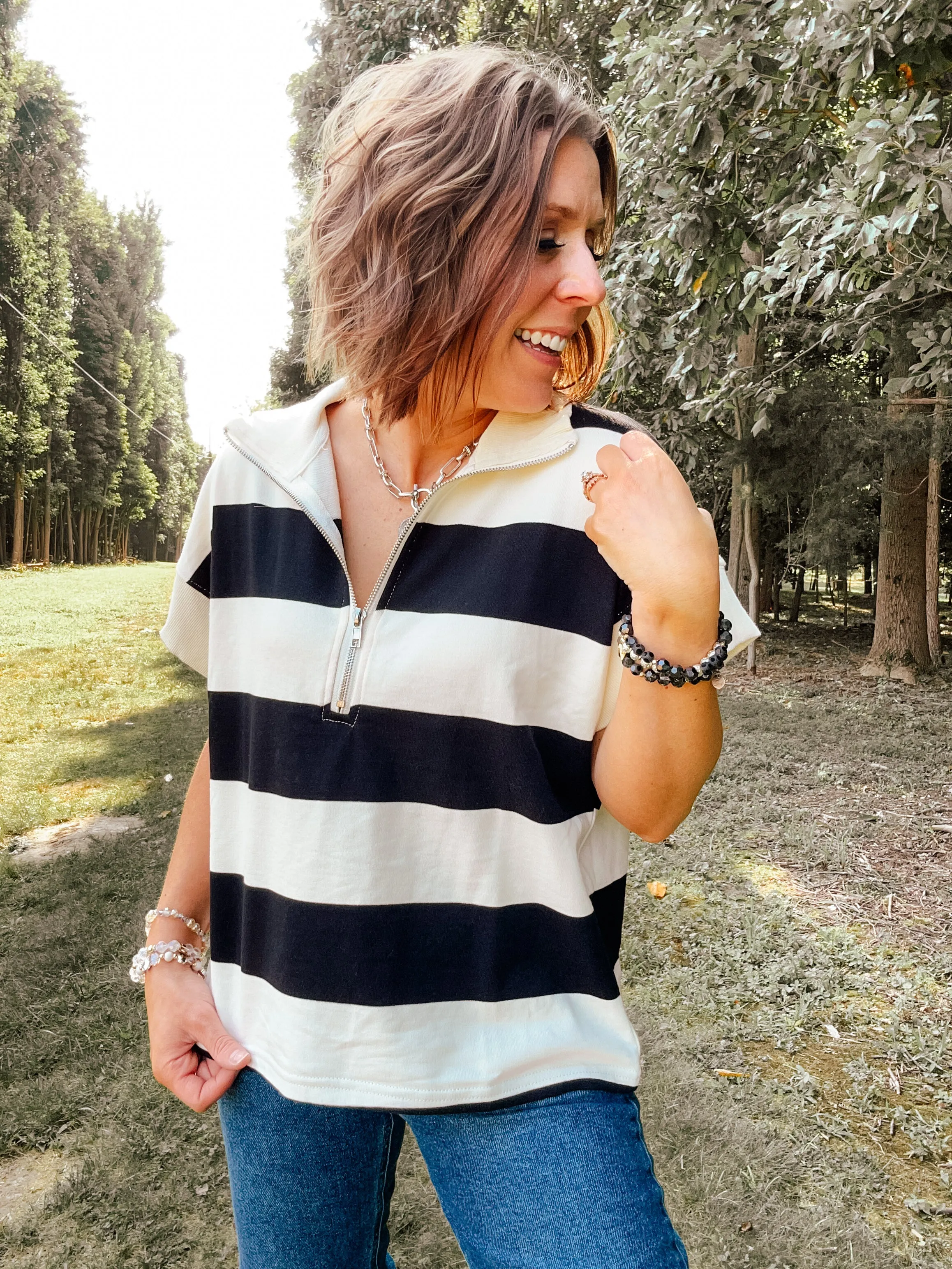 Black Block Stripe Half Zip Sweater Vest