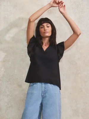 Black Frill-Sleeve V-Neck Cotton Top