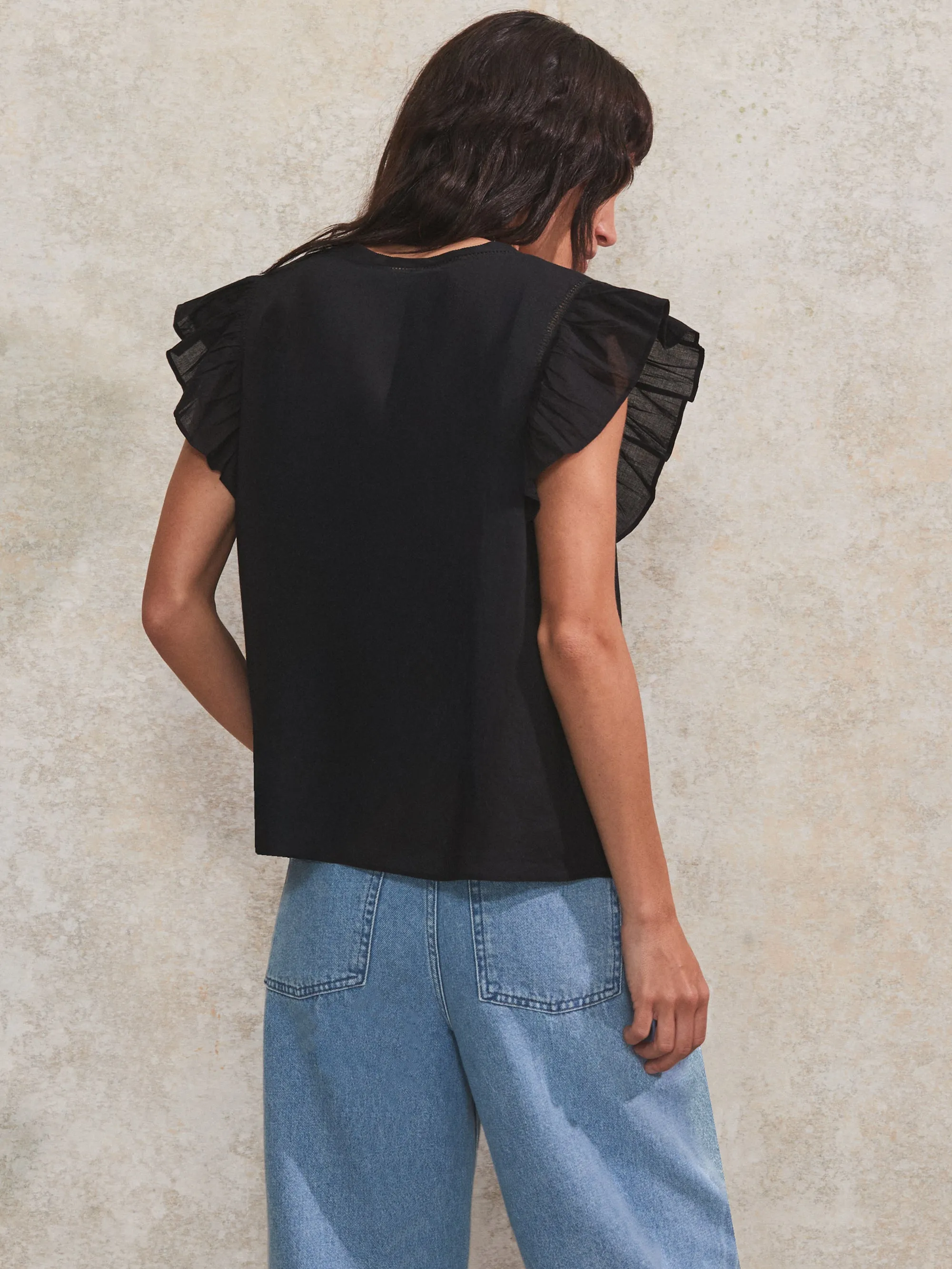 Black Frill-Sleeve V-Neck Cotton Top