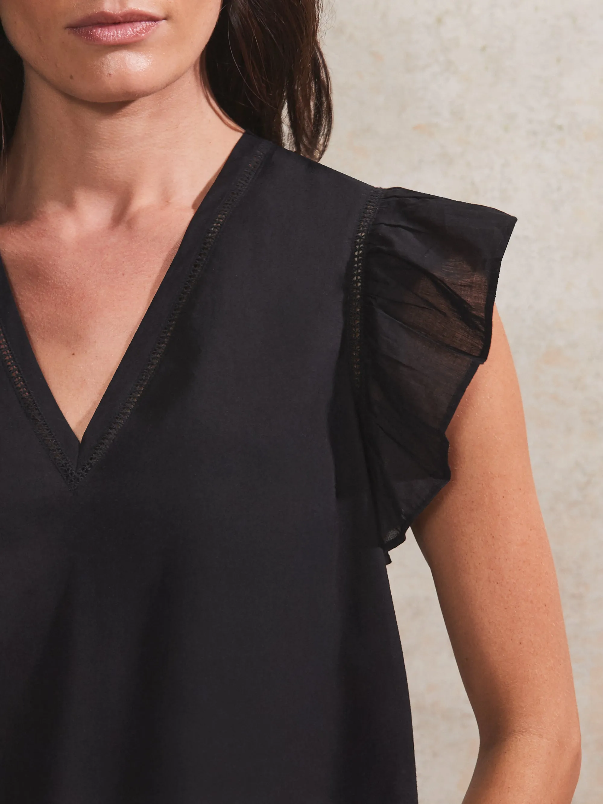 Black Frill-Sleeve V-Neck Cotton Top