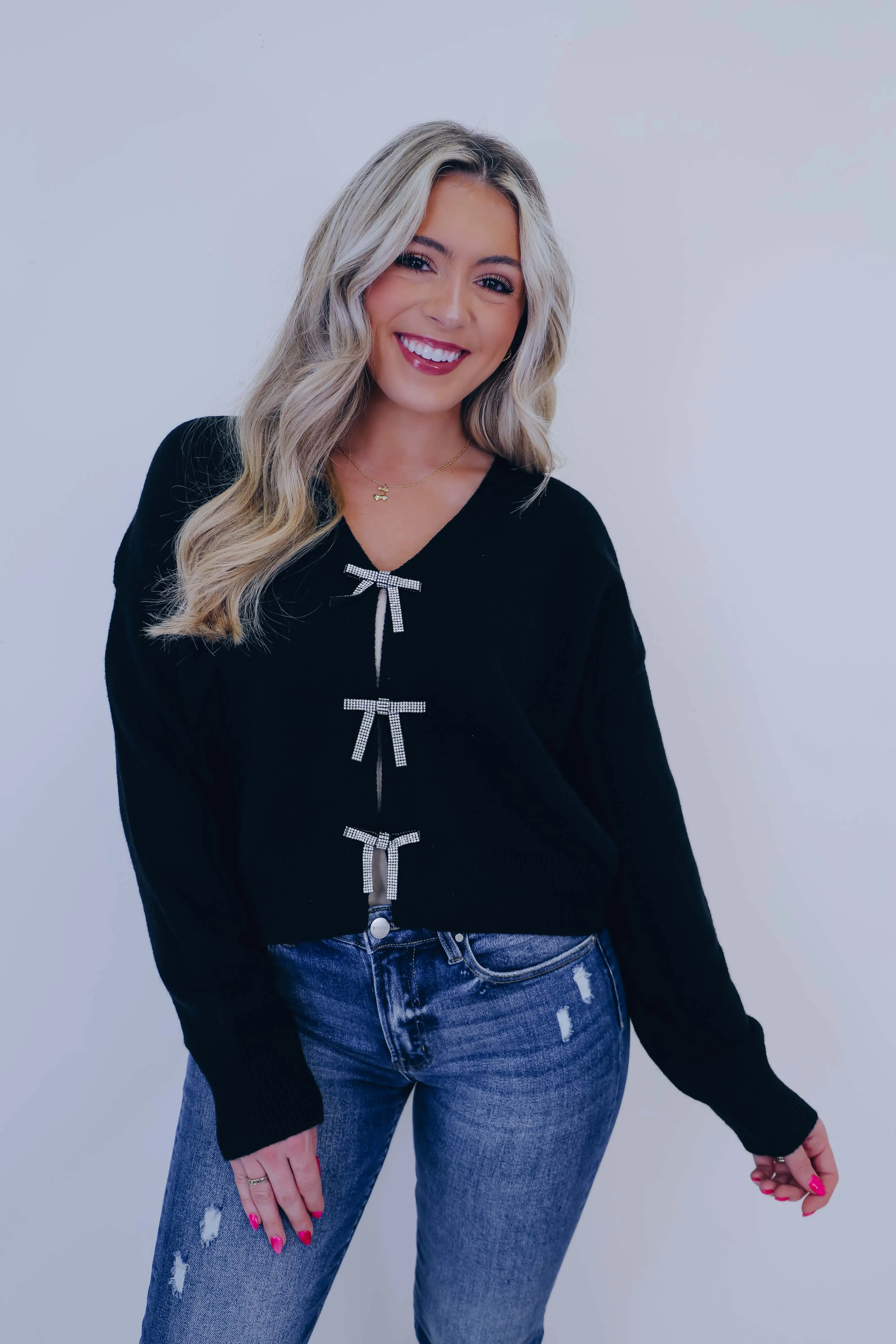 Blingy Bow Sweater - Black