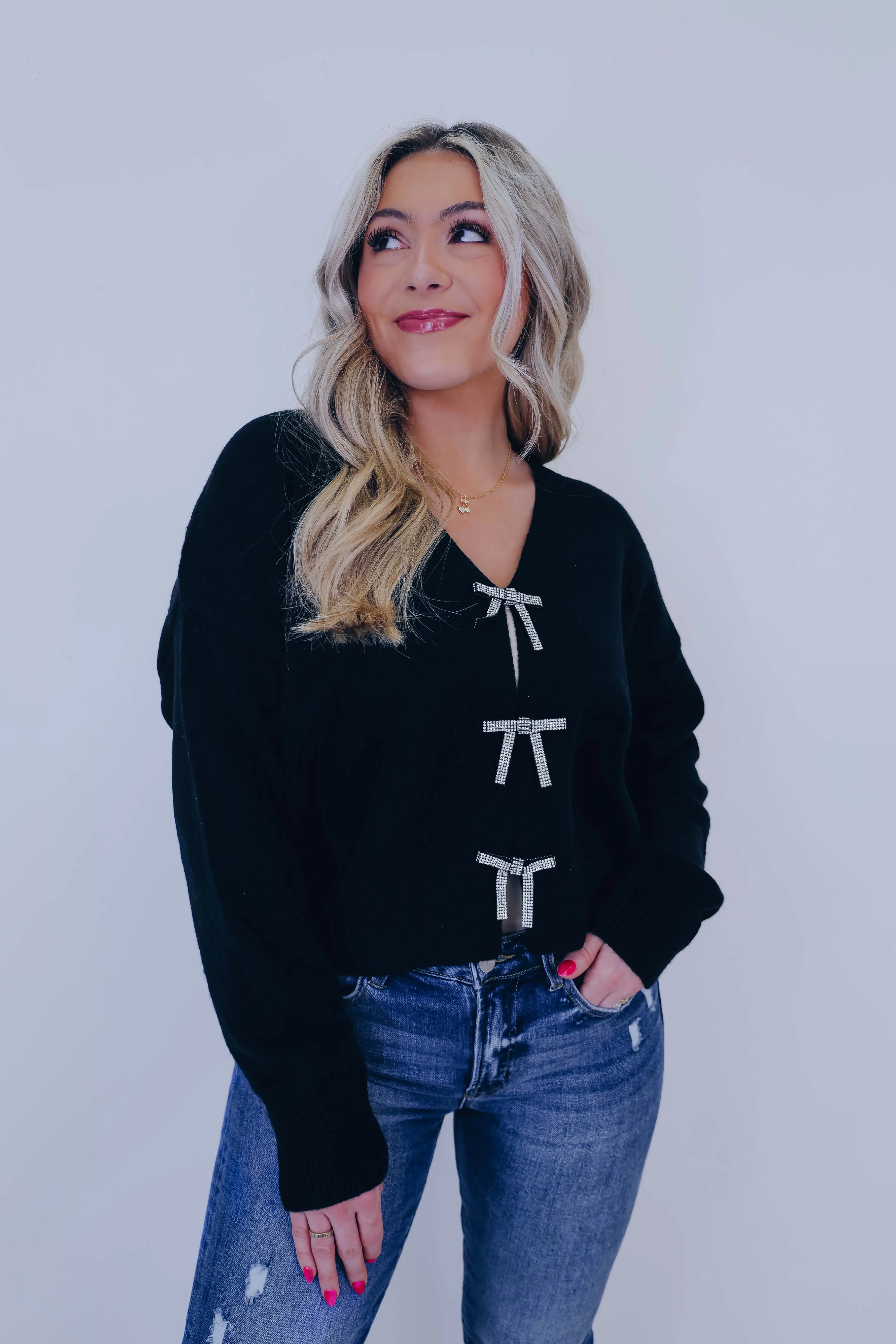 Blingy Bow Sweater - Black