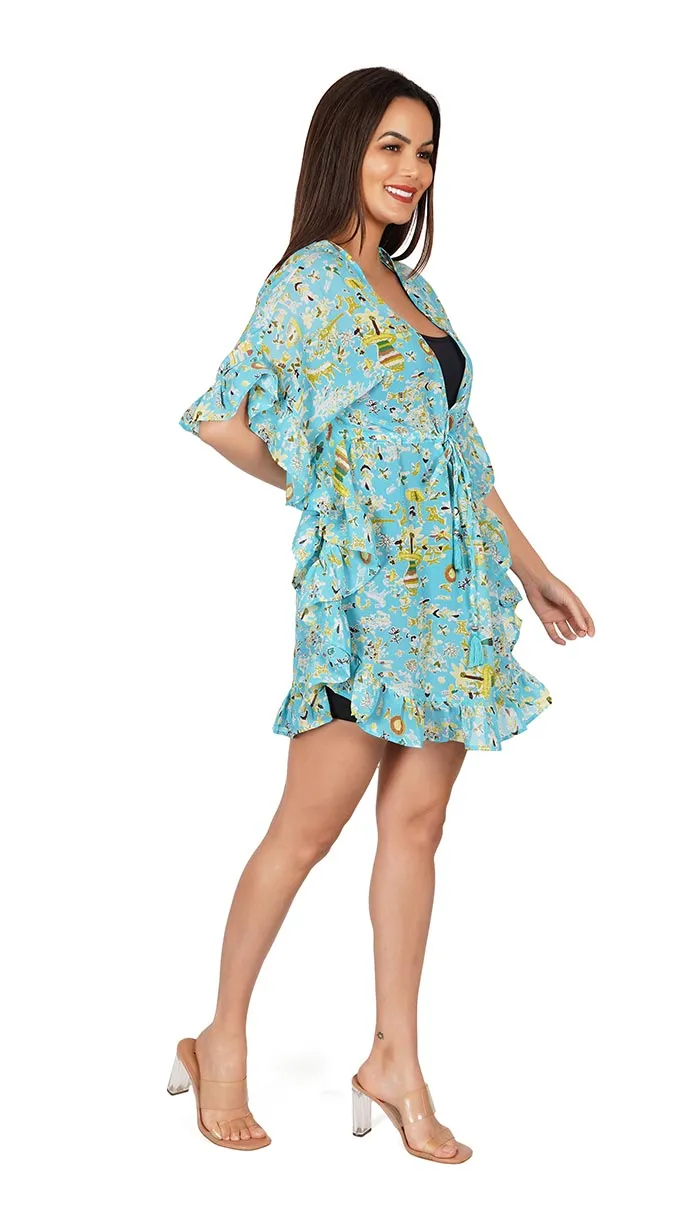 Blue Abstract Print Kaftan Style Swimsuit  Cover Up Beach Dress