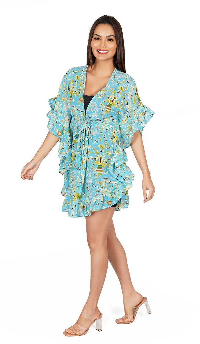 Blue Abstract Print Kaftan Style Swimsuit  Cover Up Beach Dress