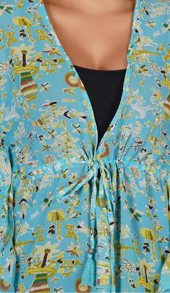 Blue Abstract Print Kaftan Style Swimsuit  Cover Up Beach Dress