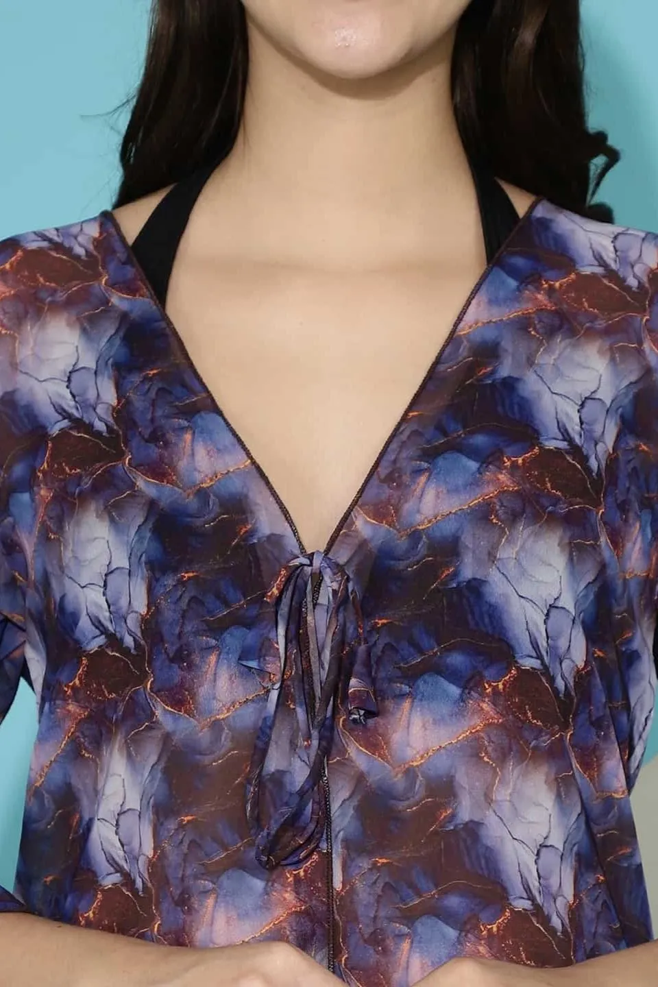 Blue Floral Printed Georgette Swimwear Cover Up Robe