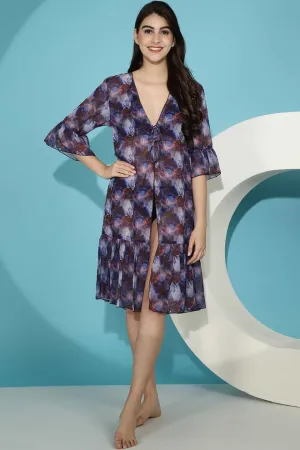 Blue Floral Printed Georgette Swimwear Cover Up Robe