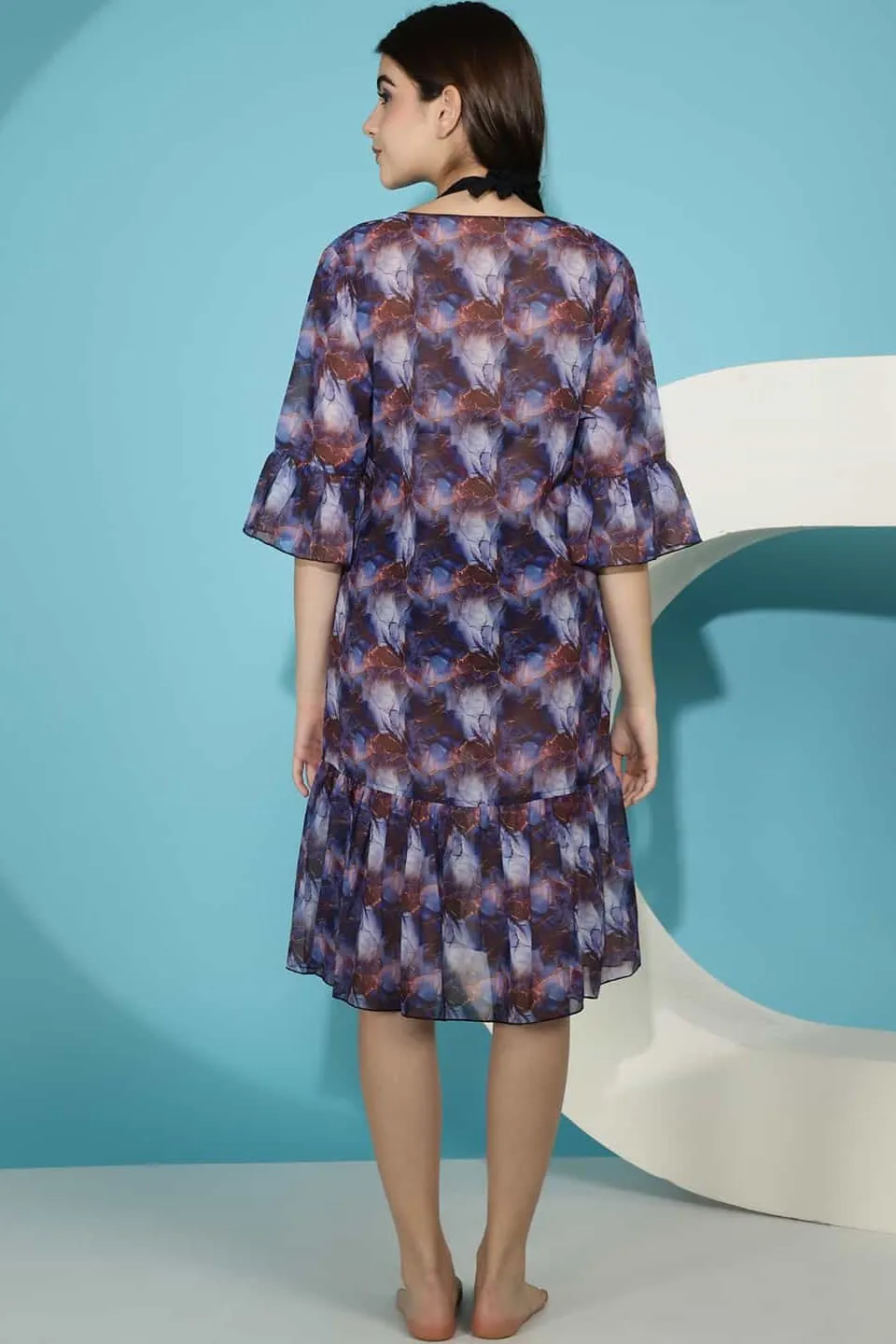 Blue Floral Printed Georgette Swimwear Cover Up Robe