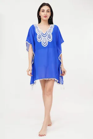 Blue Kaftan White Lace Swim Cover-Up Beach Dress