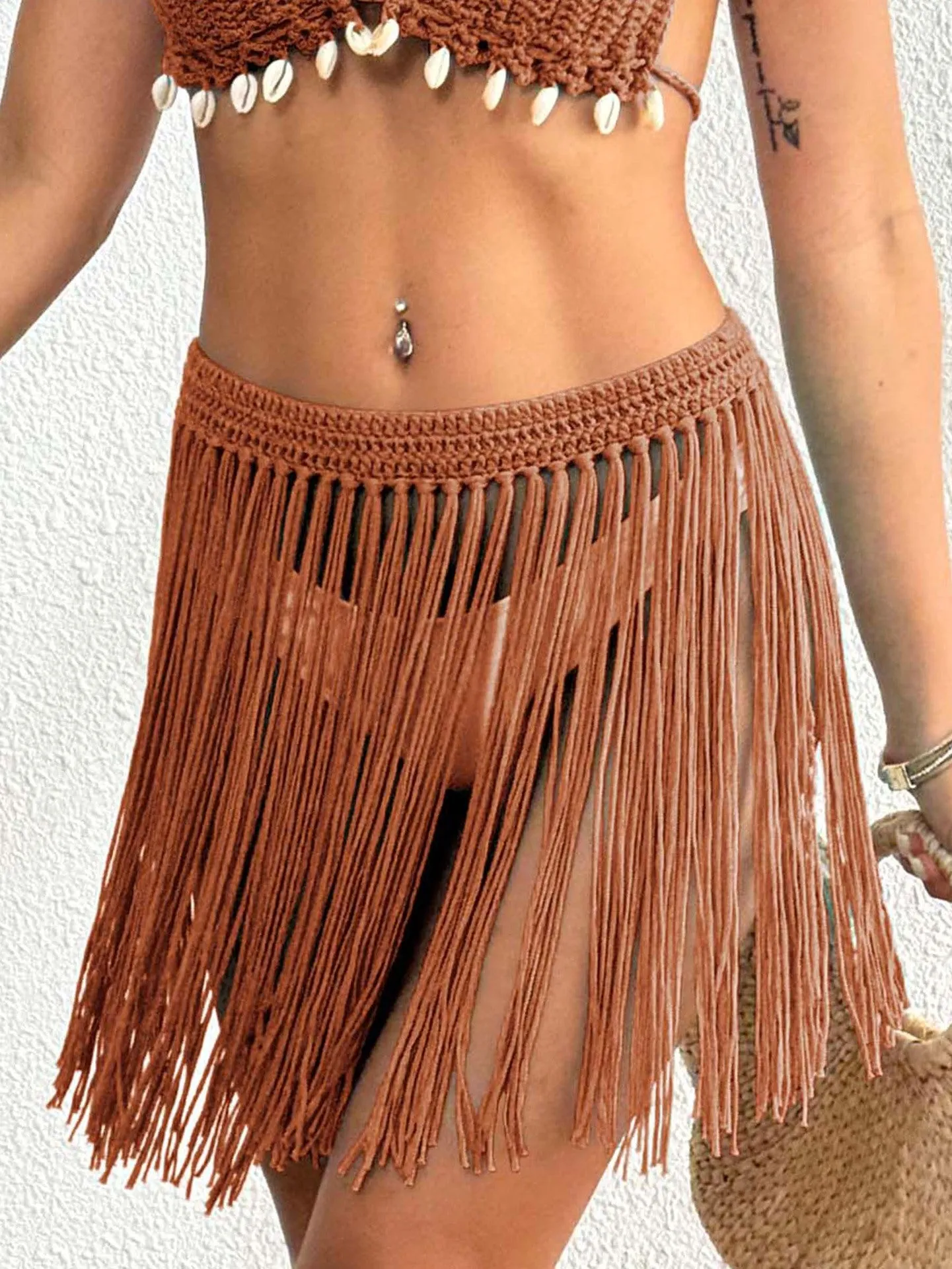 Boho-Chic Crochet Waist Fringe Tassel Bikini Cover-Up Skirt