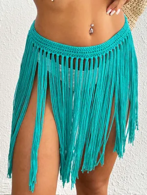 Boho-Chic Crochet Waist Fringe Tassel Bikini Cover-Up Skirt