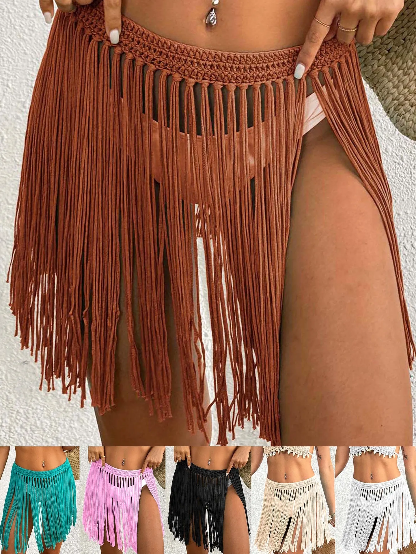 Boho-Chic Crochet Waist Fringe Tassel Bikini Cover-Up Skirt
