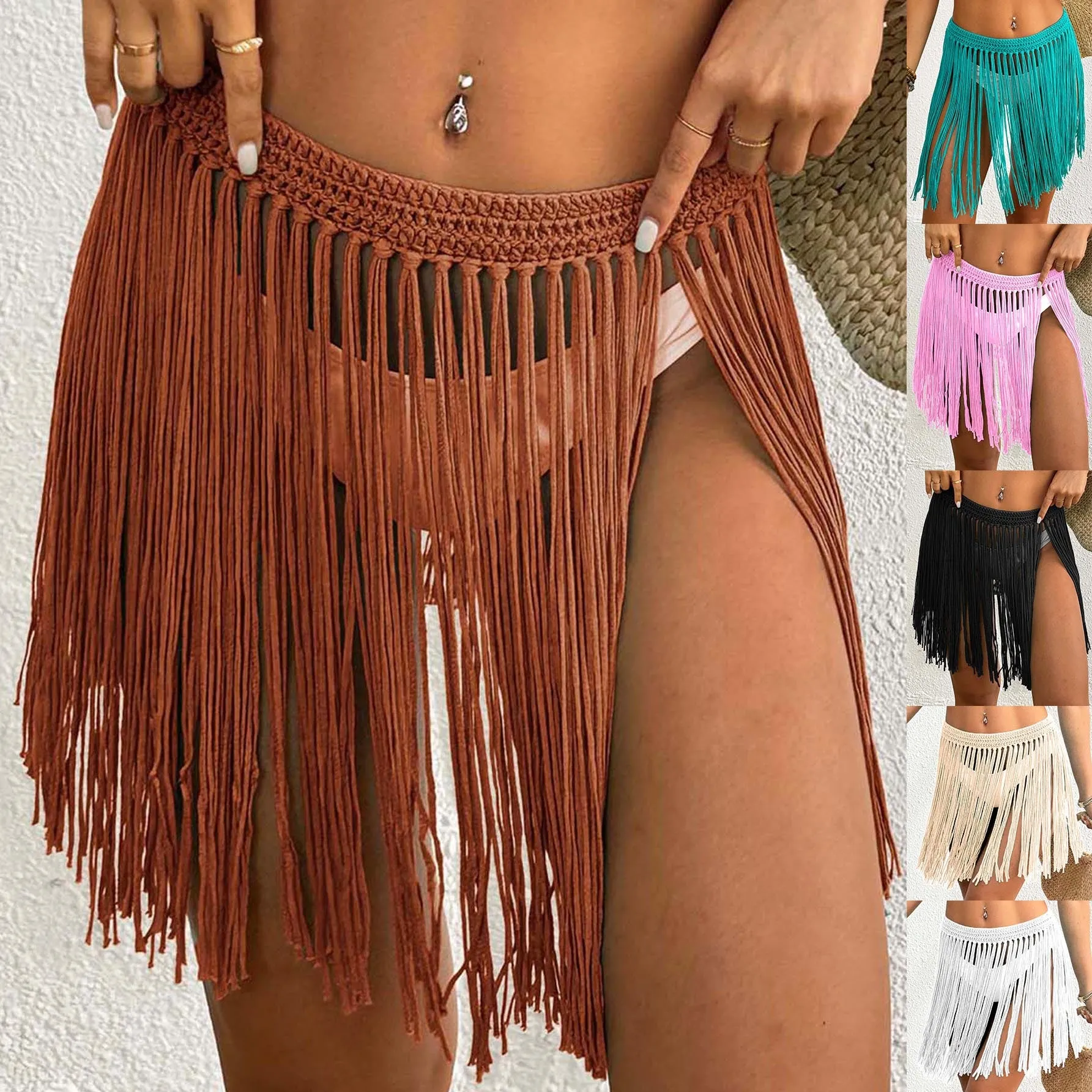 Boho-Chic Crochet Waist Fringe Tassel Bikini Cover-Up Skirt