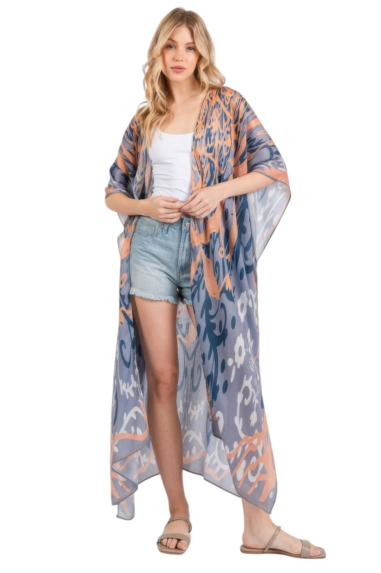 Boho Print Open Front Long Kimono