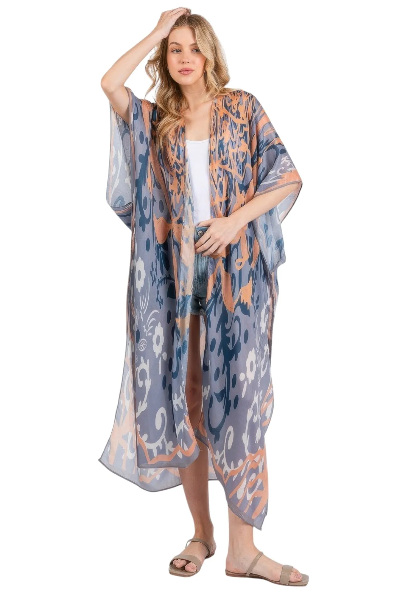 Boho Print Open Front Long Kimono