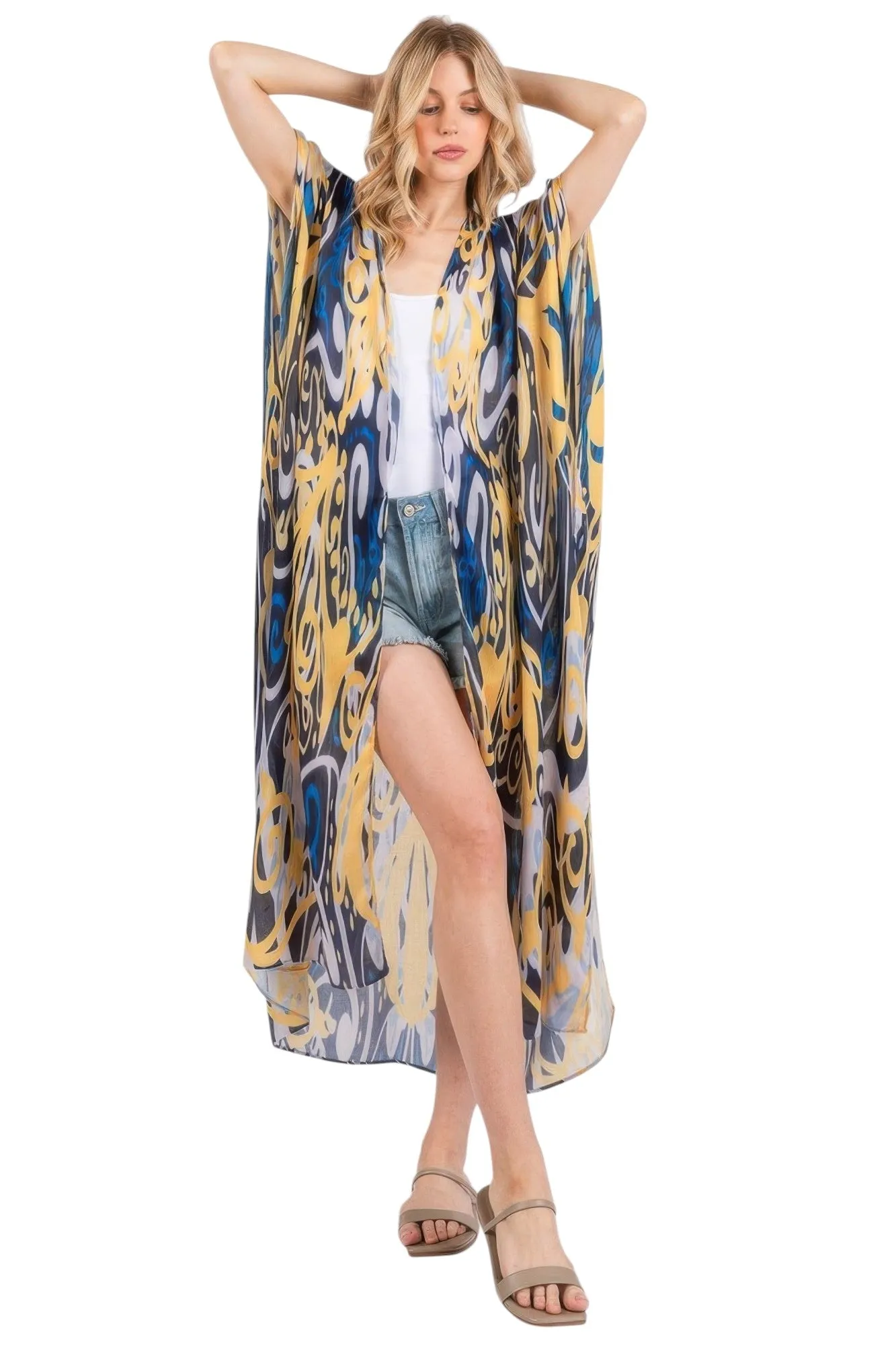 Boho Print Open Front Long Kimono