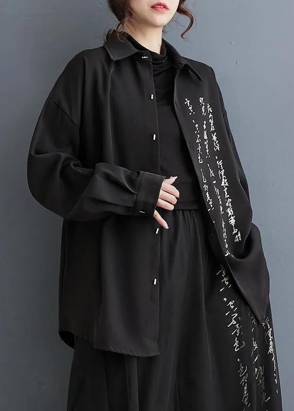 Boutique Black Oversized Print Cotton Tops Spring