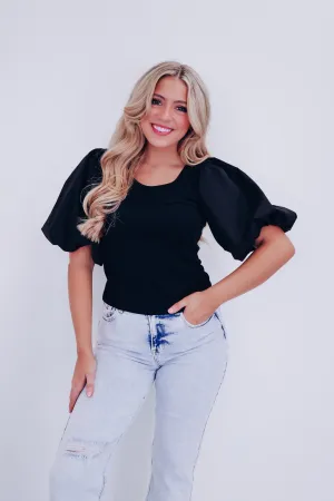 Brielle Bubble Sleeve Crop Top-Black
