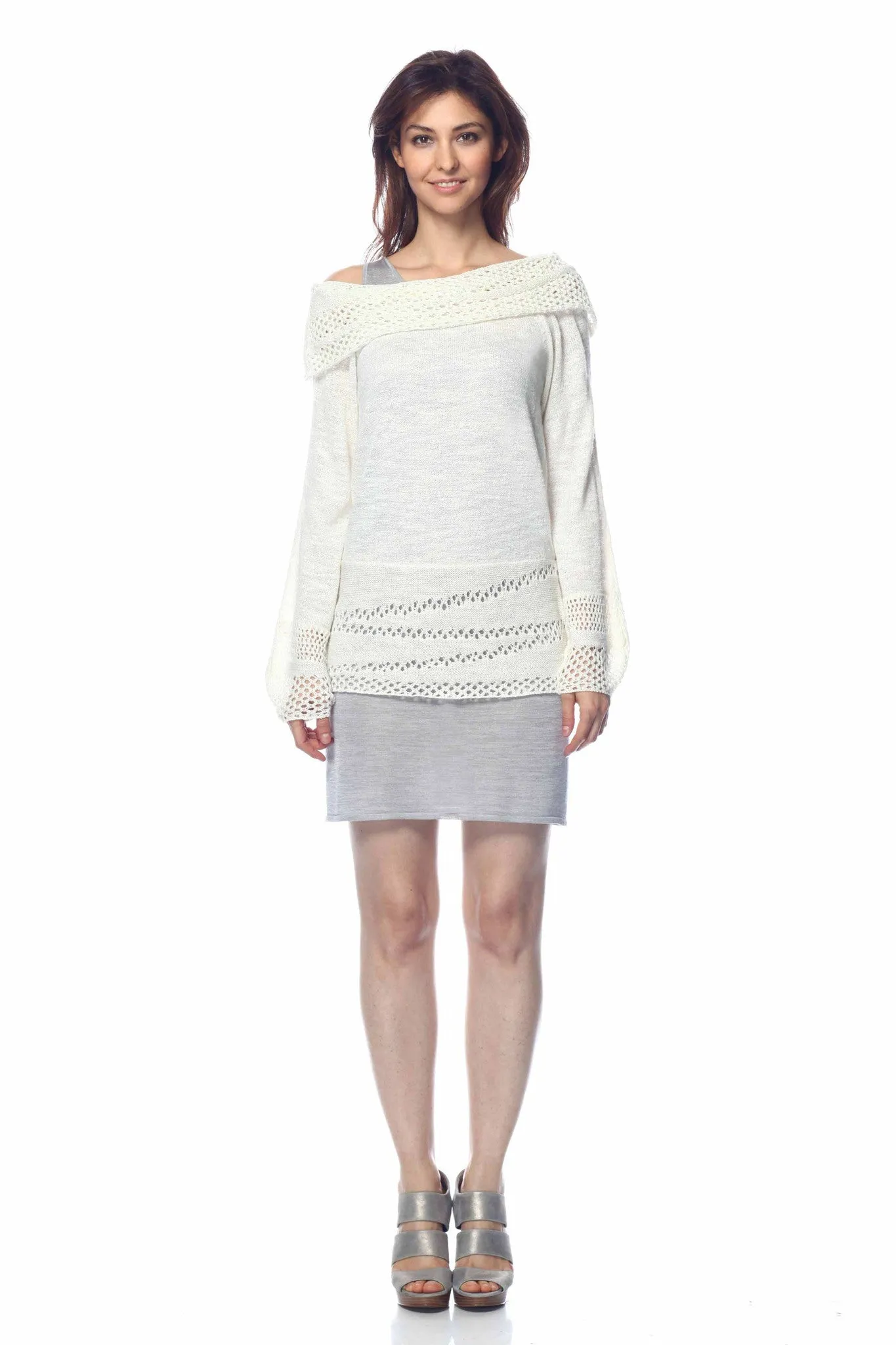 Cara Convertible Sweater/Cardigan with Lace Stitch Details
