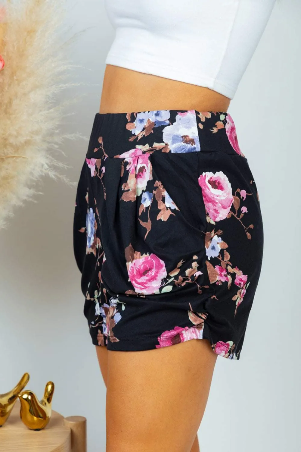 Cassidy Draped Harem Shorts in Floral on Black