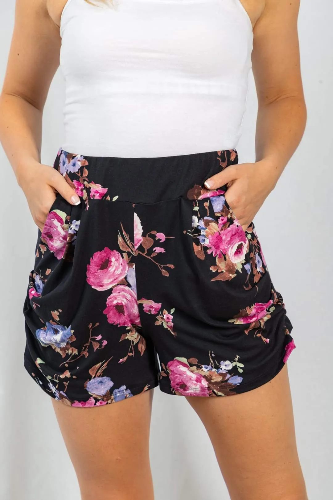 Cassidy Draped Harem Shorts in Floral on Black