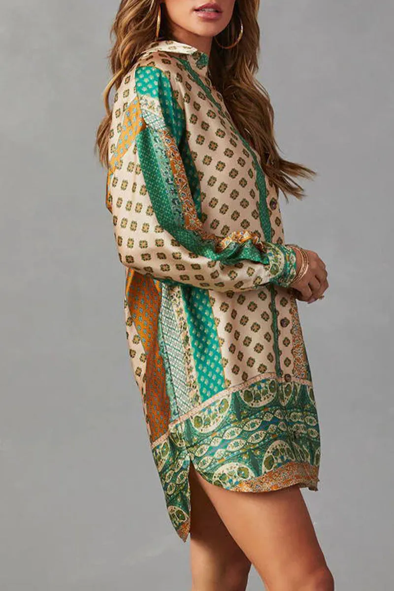 Casual College Geometric Print Pocket Turndown Collar Tops(No Belt)
