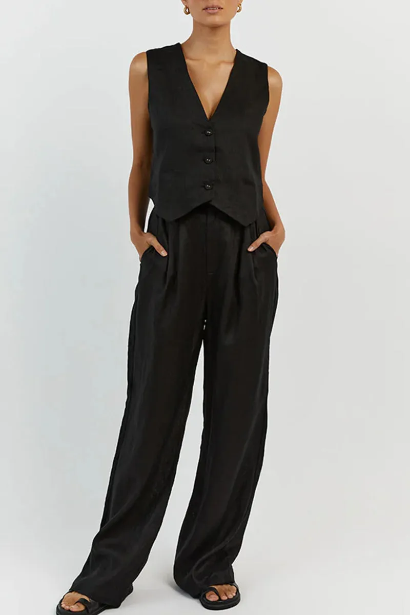 Casual Simplicity Solid Buckle V Neck Sleeveless Two Pieces(6 Colors)