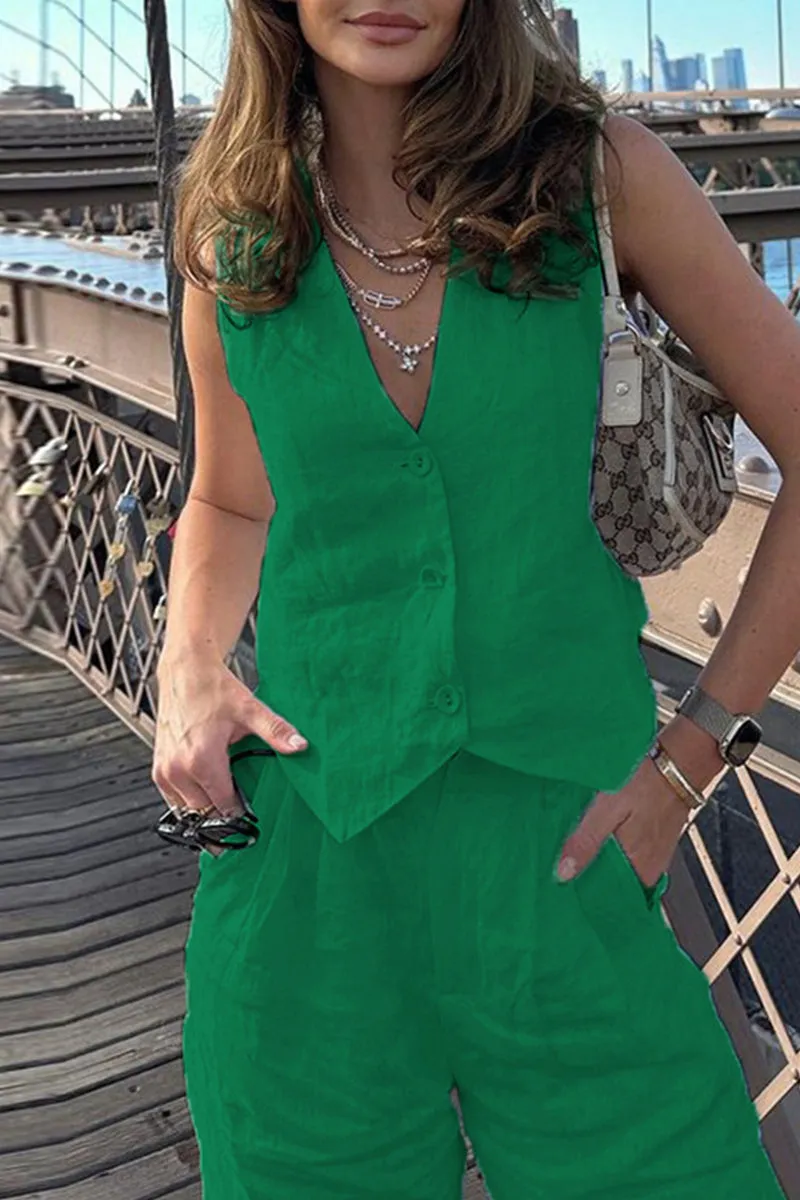 Casual Simplicity Solid Buckle V Neck Sleeveless Two Pieces(6 Colors)