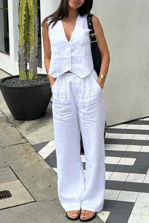 Casual Simplicity Solid Buckle V Neck Sleeveless Two Pieces(6 Colors)