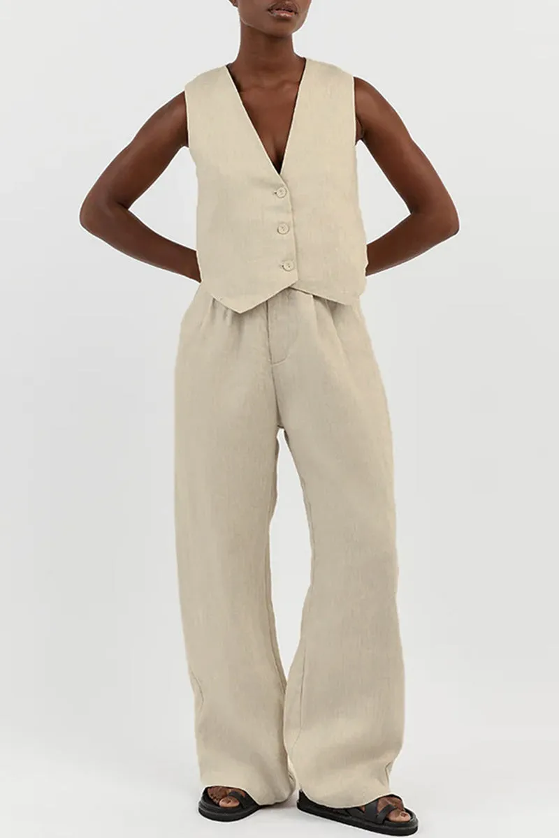 Casual Simplicity Solid Buckle V Neck Sleeveless Two Pieces(6 Colors)
