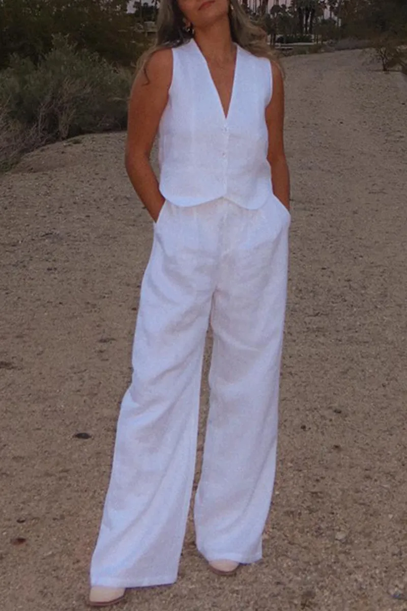 Casual Simplicity Solid Buckle V Neck Sleeveless Two Pieces(6 Colors)
