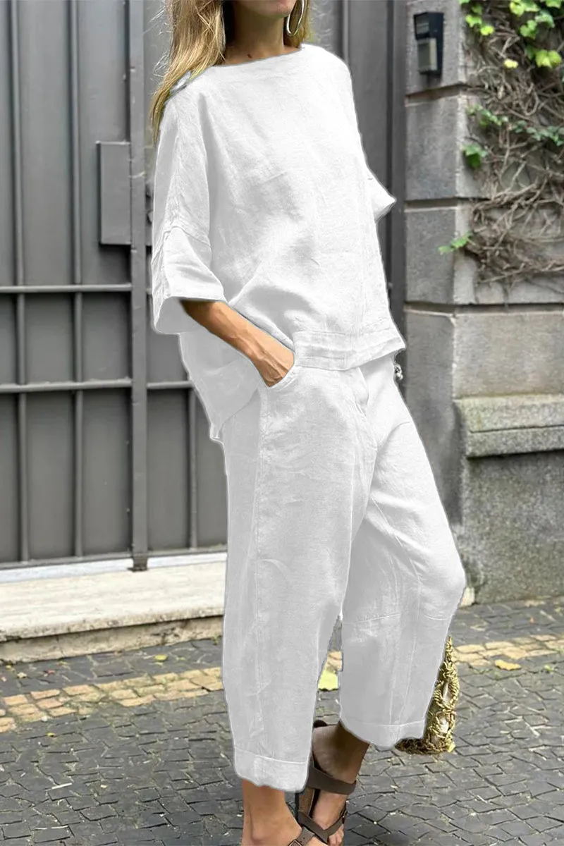 Casual Solid Pocket O Neck Three Quarter Two Pieces(8 Colors)