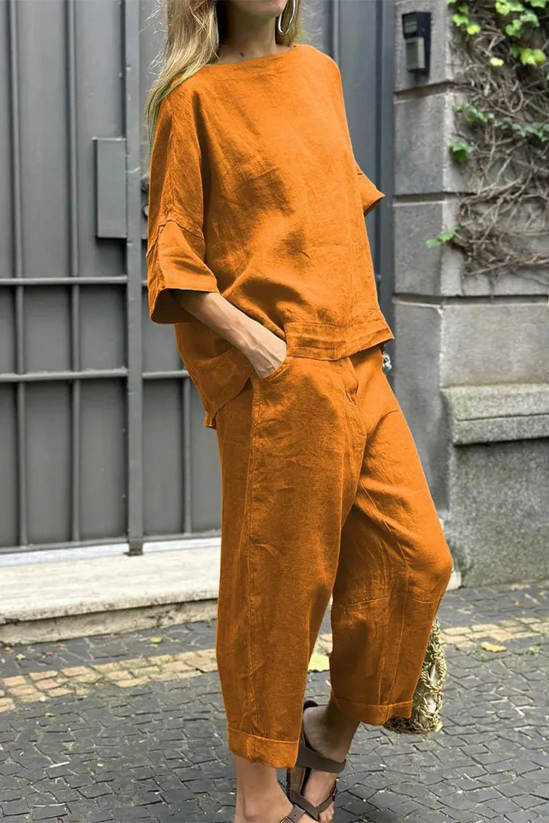 Casual Solid Pocket O Neck Three Quarter Two Pieces(8 Colors)