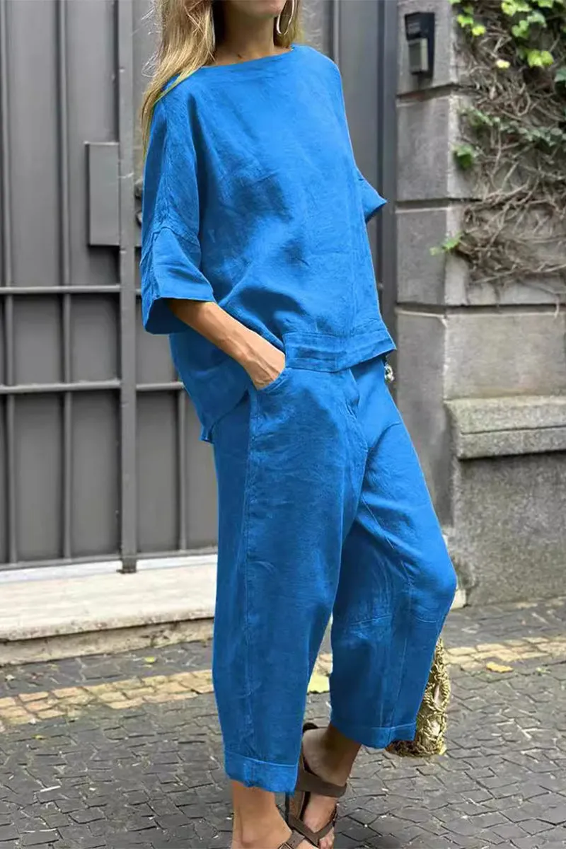Casual Solid Pocket O Neck Three Quarter Two Pieces(8 Colors)
