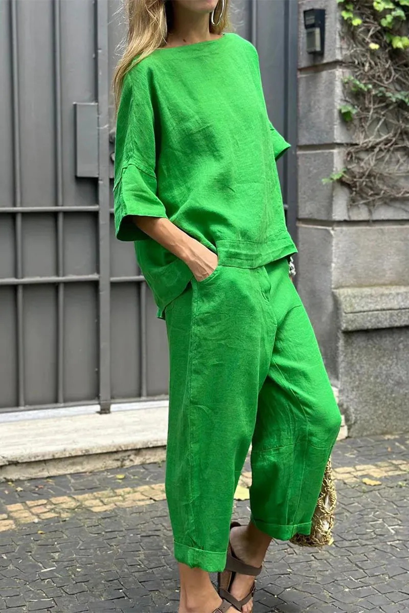 Casual Solid Pocket O Neck Three Quarter Two Pieces(8 Colors)