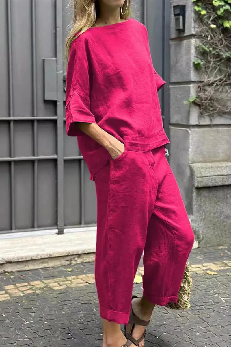 Casual Solid Pocket O Neck Three Quarter Two Pieces(8 Colors)