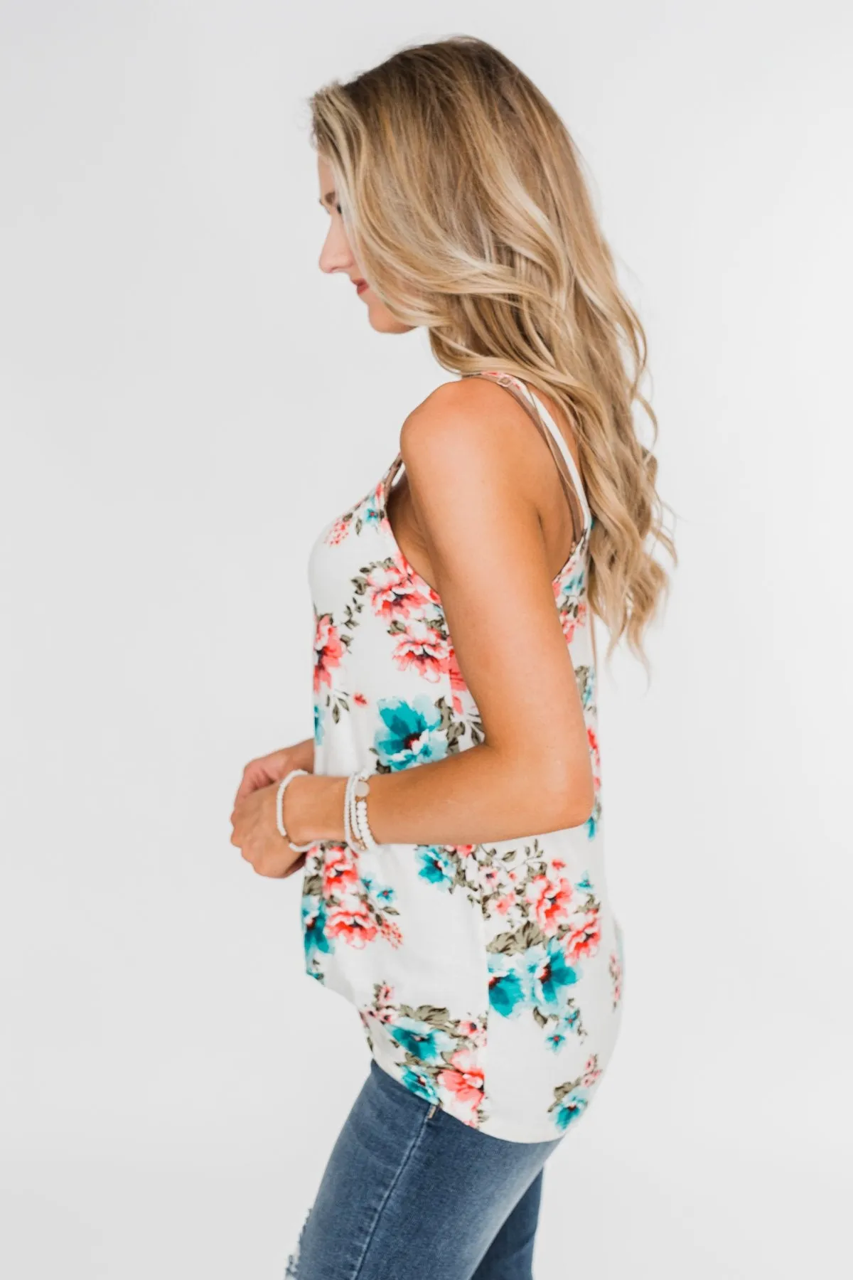 Caught Up in Floral Twist Tank Top- Ivory