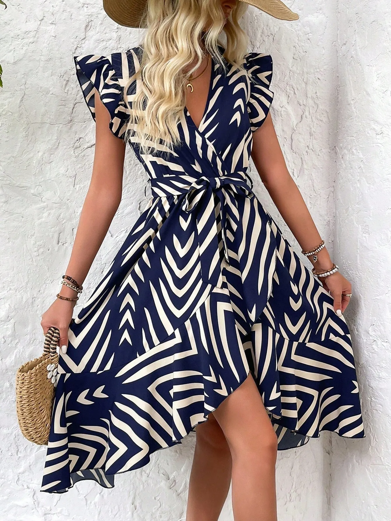 Chic Irregular Stripe Maxi Dress with Flutter Sleeves and Wrap Design